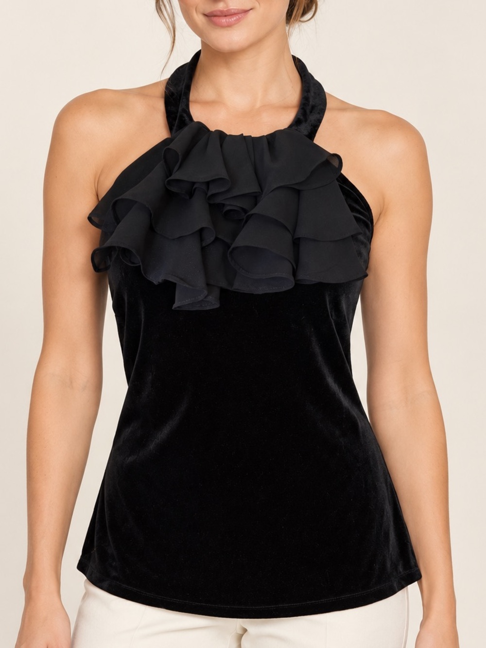 Black Velvet Ruffle Halter Top Small Bisou Bisou NWT Goth Romantic